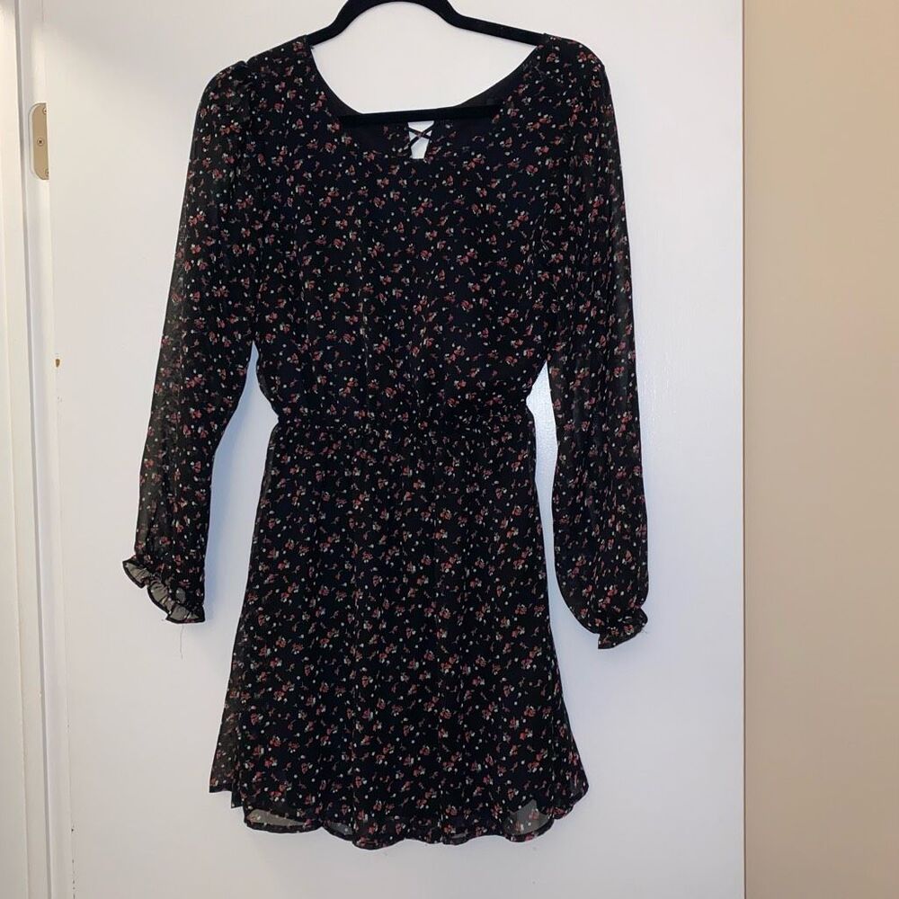Forever 21 Womens Medium Black Pink Dainty Floral Open Back Lace Up Dress EUC